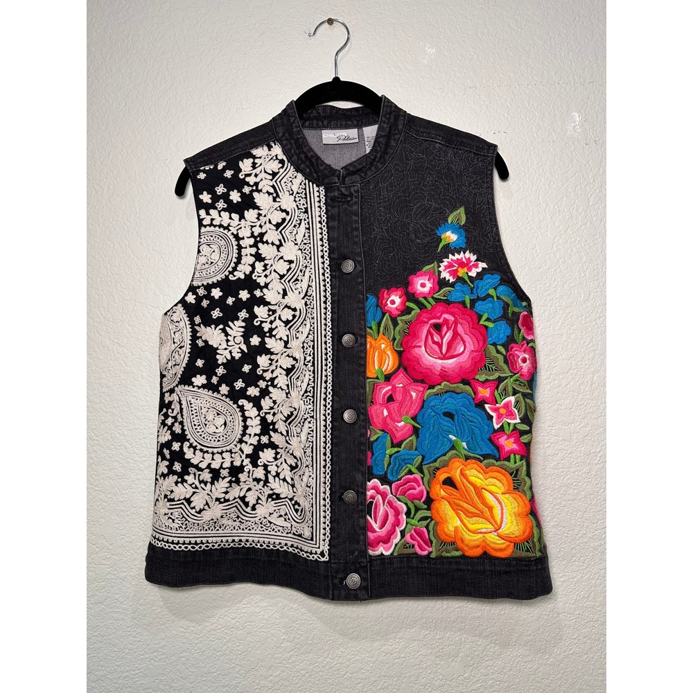 Chicos Platinum Embroidered Denim‎ Vest Black Paisley Floral Womens Size 1